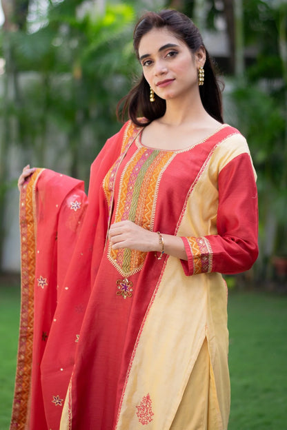 Red & Yellow Chanderi Zardozi Work Kurta, Red Chanderi Dupatta with Yellow Trousers