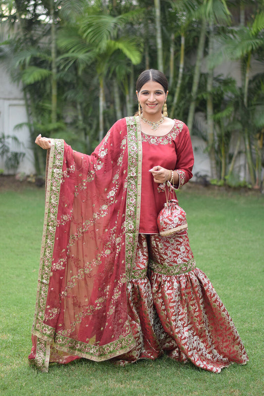 Gorgeous Maroon Silk & Kamkhab Tilla Embroidered Gharara set on a fashionista