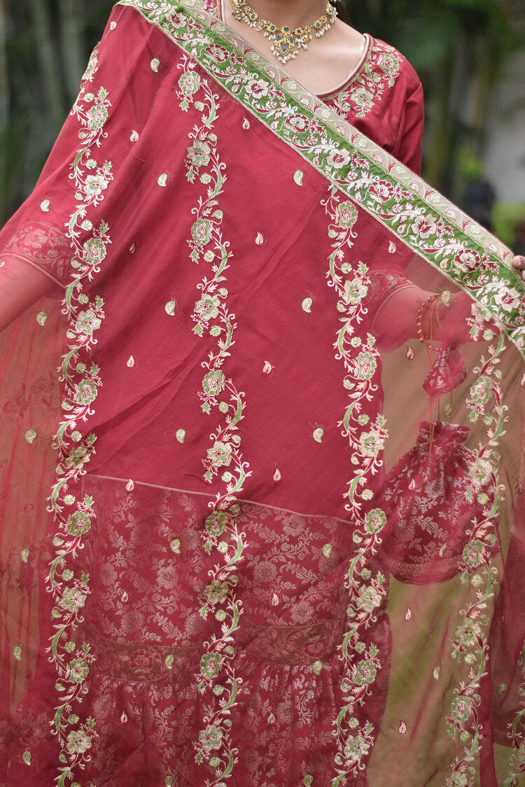 Lovely Maroon Silk & Kamkhab Tilla Embroidered Gharara set on a stylish lady