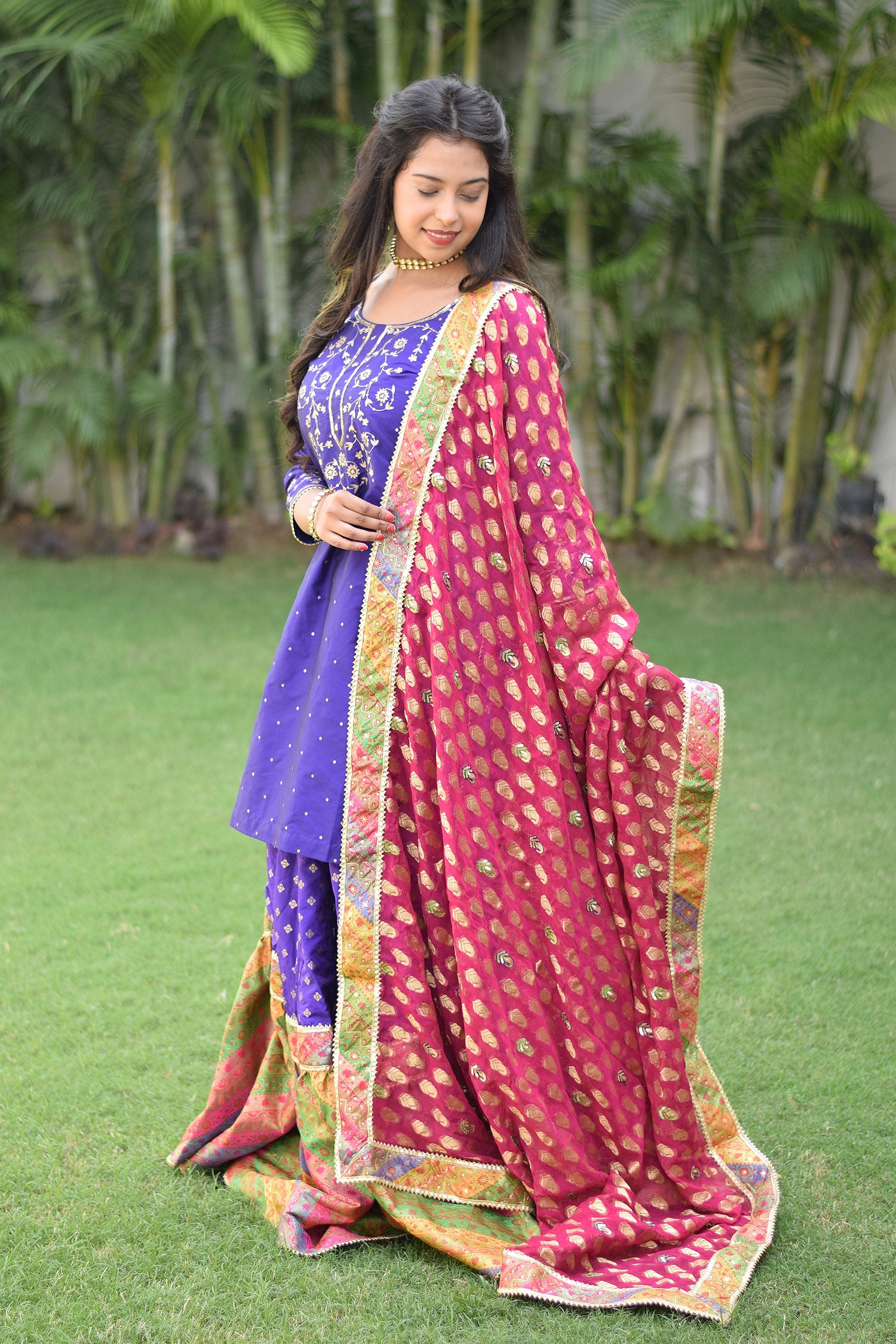 Sophisticated attire with Purple Silk & Multicolored Brocade Farshi Gharara Set