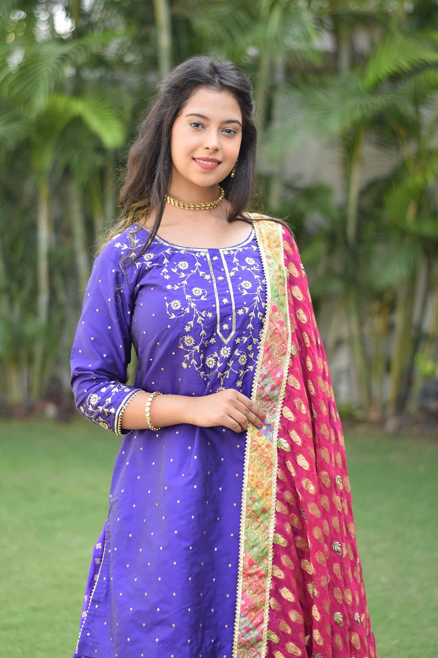 Elegant woman in Purple Silk & Multicolored Brocade Farshi Gharara Set