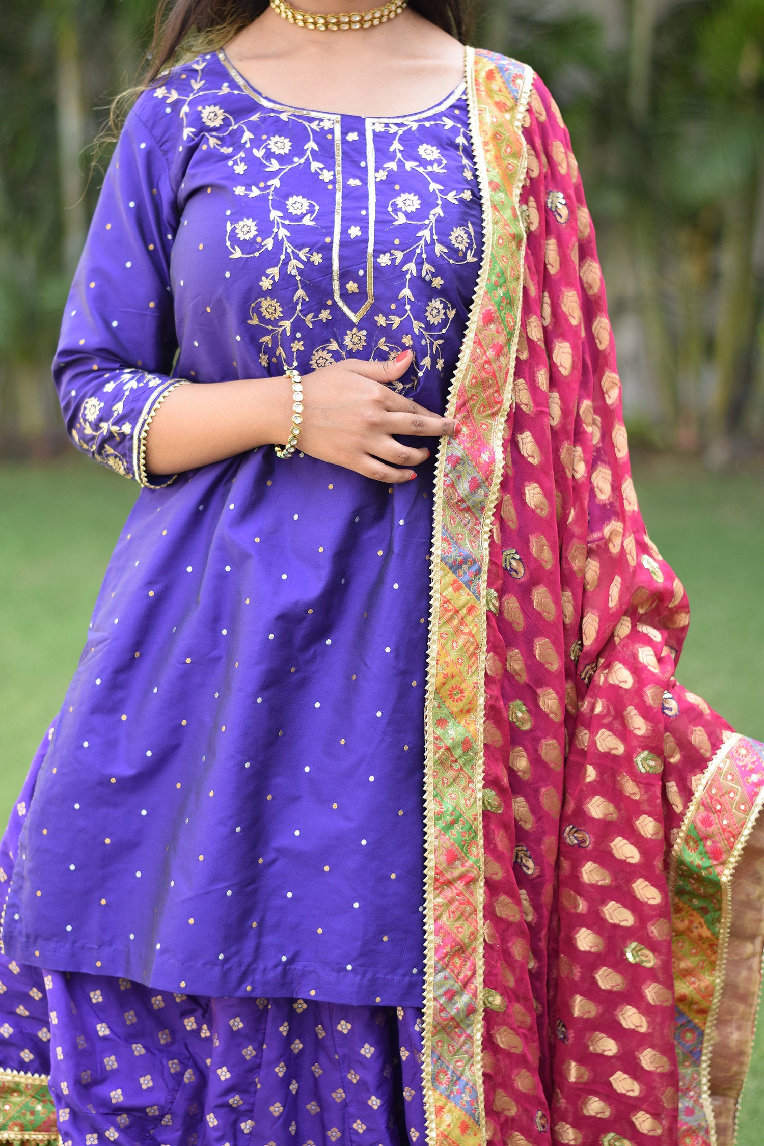Radiant attire showcasing Purple Silk & Multicolored Brocade Farshi Gharara Set