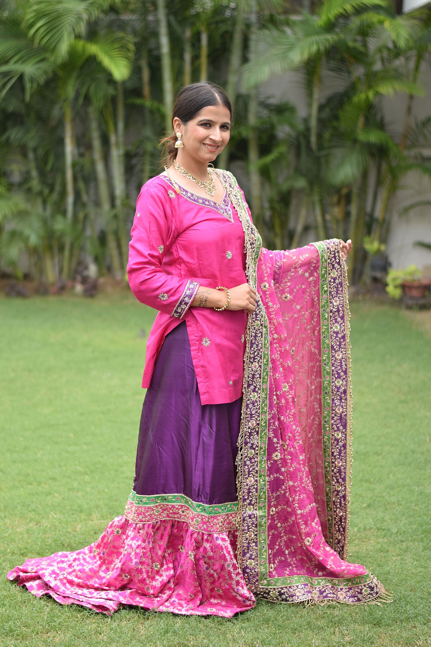 Modern bridal attire with Magenta & Purple Bridal Kamkhab Farshi Gharara Set With Zardozi Work