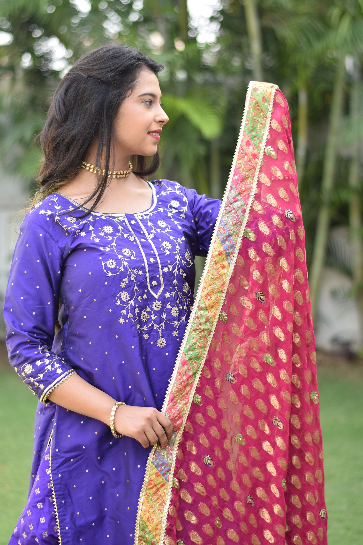 Chic lady donning Purple Silk & Multicolored Brocade Farshi Gharara Set