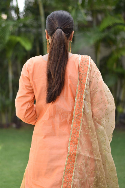 A feminine Peach Kamkhab Farshi Gharara, Peach Chanderi Kurta & Golden Dupatta with Tissue Applique Work ensemble