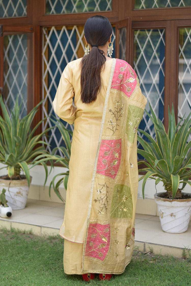 A woman dressed in a traditional Indian outfit with a pink and green patchwork Chanderi dupatta, paired with a golden kurta and palazzo pants.
