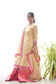 An elegant woman wearing a stunning Magenta Kamkhab Farshi Gharara, Golden Chanderi Kurta & Dupatta with Tissue Applique Work.