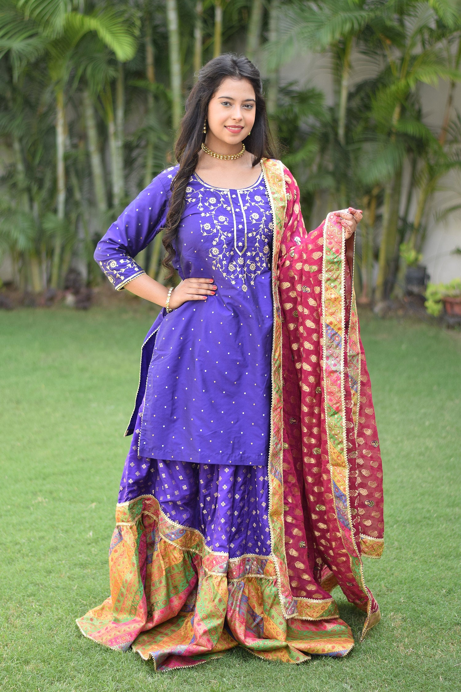 Woman wearing Purple Silk & Multicolored Brocade Farshi Gharara Set