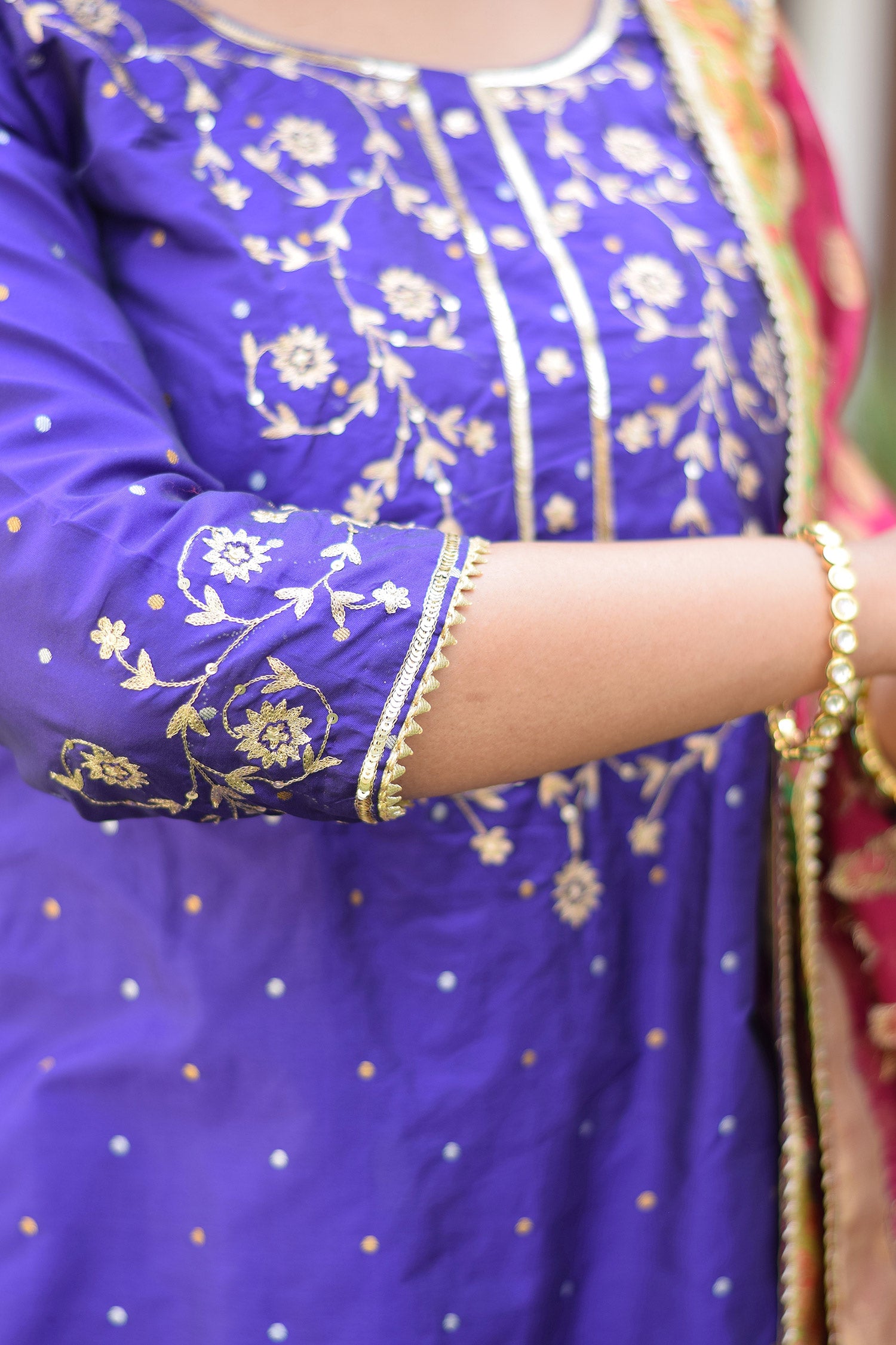 Female model in Purple Silk & Multicolored Brocade Farshi Gharara Set
