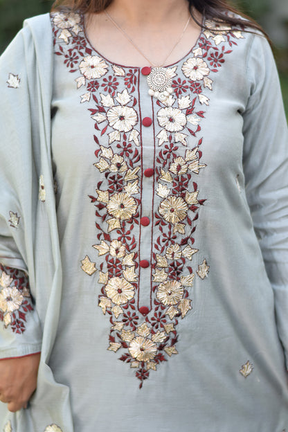 Light Grey Chanderi Resham and Gota Work Kurta and Dupatta with Grey Palazzo