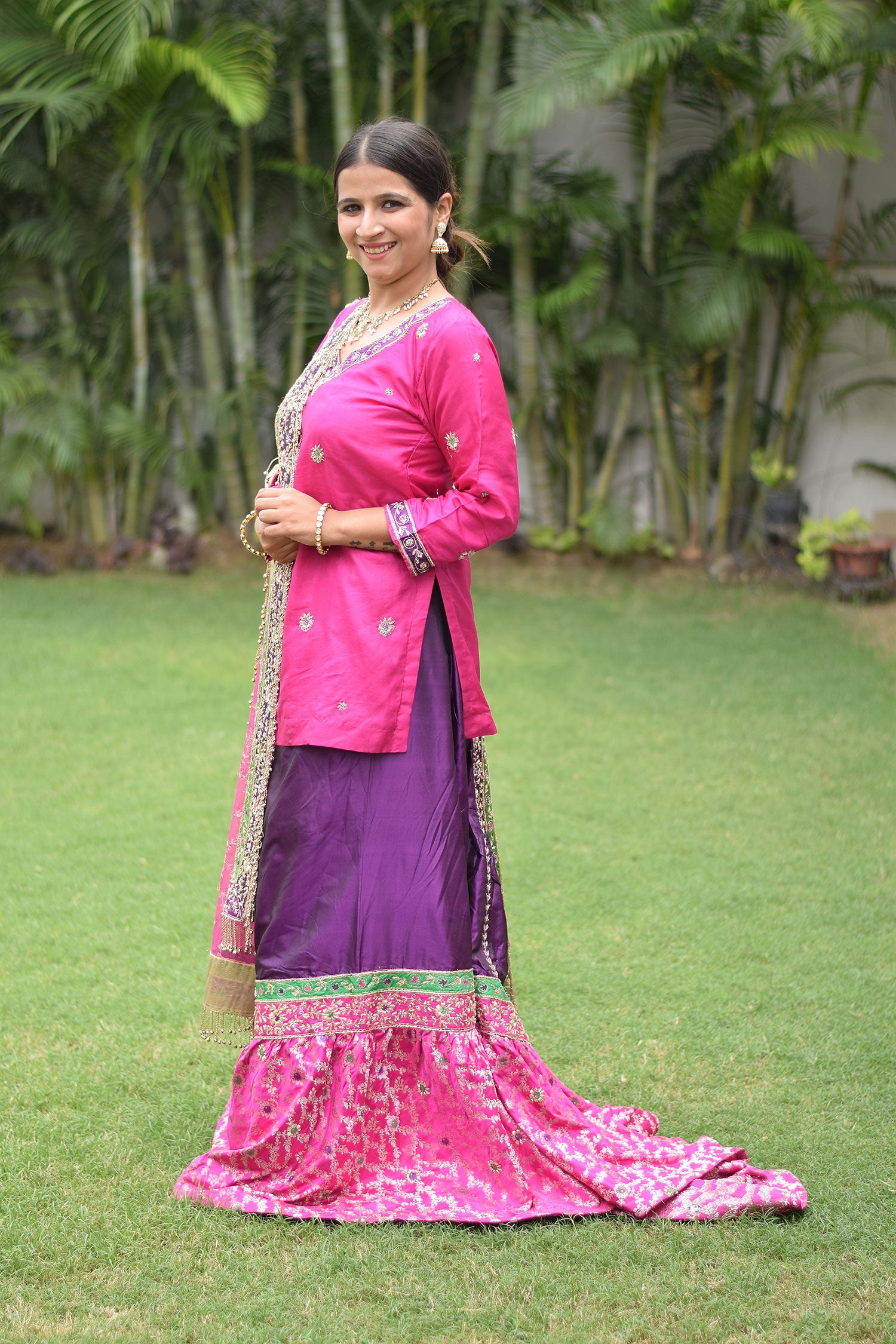 Traditional yet trendy bridal outfit of Bride in Magenta & Purple Bridal Kamkhab Farshi Gharara Set With Zardozi Work