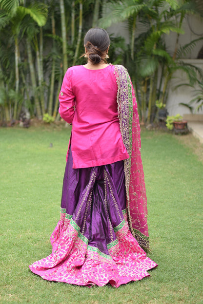 Fashion-forward bridal ensemble featuring Magenta & Purple Bridal Kamkhab Farshi Gharara Set With Zardozi Work