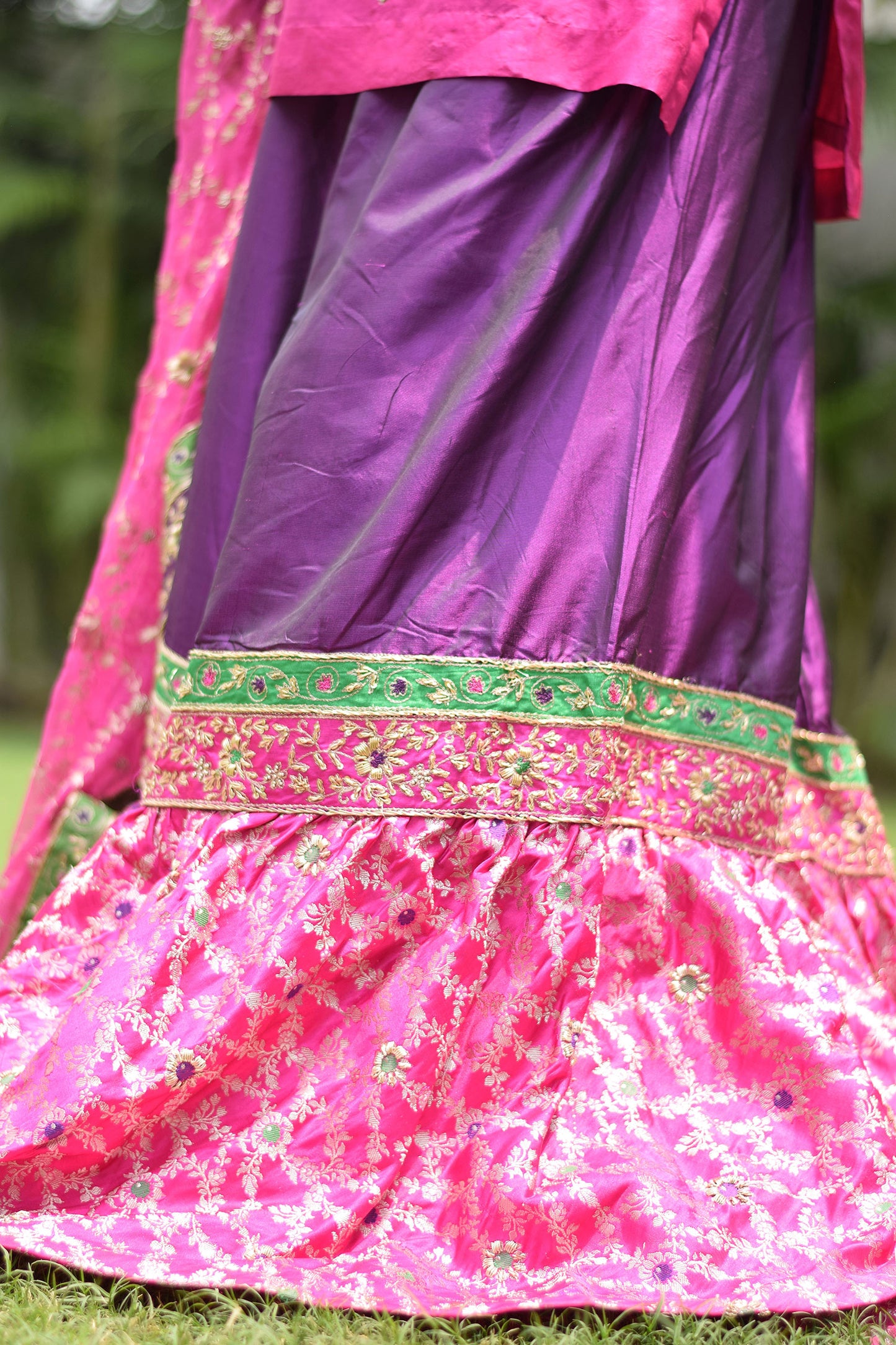 Exquisite ensemble featuring Bride adorned in Magenta & Purple Bridal Kamkhab Farshi Gharara Set With Zardozi Work