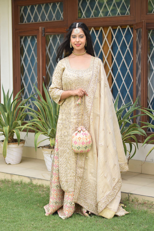 Stunning bridal ensemble featuring Multicolored Brocade Lehenga Set with Zardozi Work