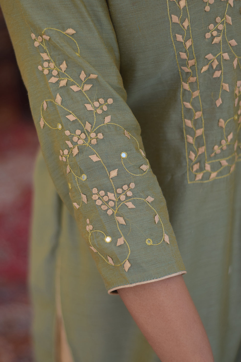 Olive Green Chanderi Aari & Applique Work Kurta and Dupatta With Beige Trousers