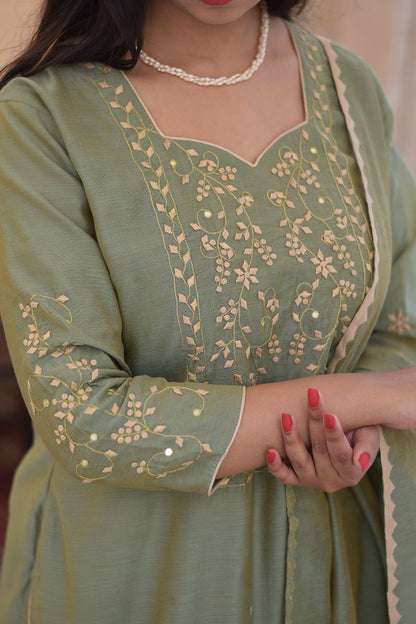 Olive Green Chanderi Aari & Applique Work Kurta and Dupatta With Beige Trousers