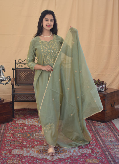 Olive Green Chanderi Aari & Applique Work Kurta and Dupatta With Beige Trousers