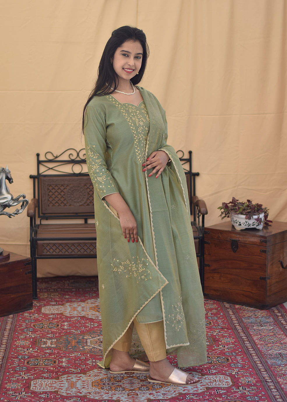 Olive Green Chanderi Aari & Applique Work Kurta and Dupatta With Beige Trousers