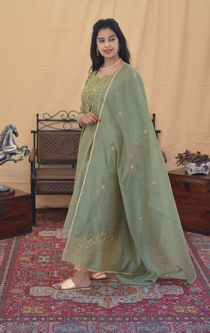 Olive Green Chanderi Aari & Applique Work Kurta and Dupatta With Beige Trousers