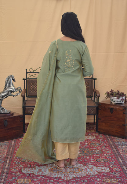 Olive Green Chanderi Aari & Applique Work Kurta and Dupatta With Beige Trousers