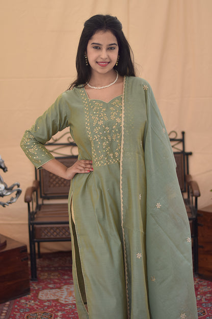 Olive Green Chanderi Aari & Applique Work Kurta and Dupatta With Beige Trousers