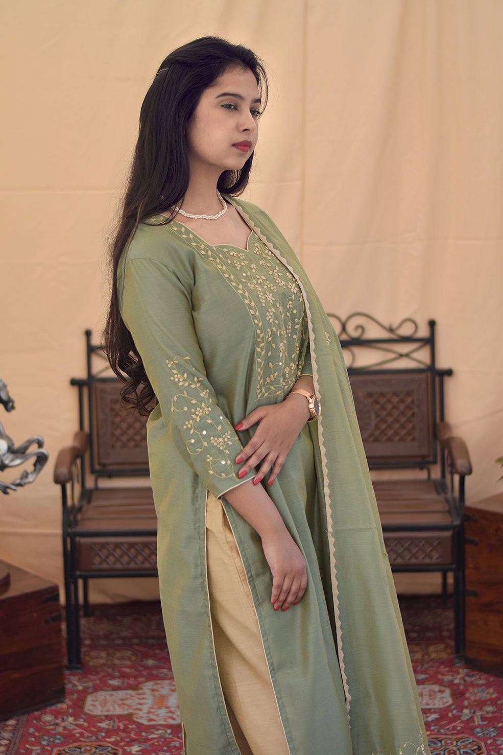 Olive Green Chanderi Aari & Applique Work Kurta and Dupatta With Beige Trousers