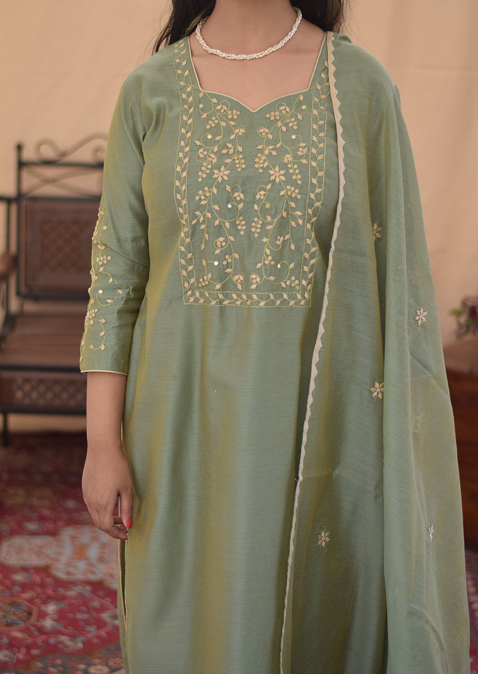 Olive Green Chanderi Aari & Applique Work Kurta and Dupatta With Beige Trousers