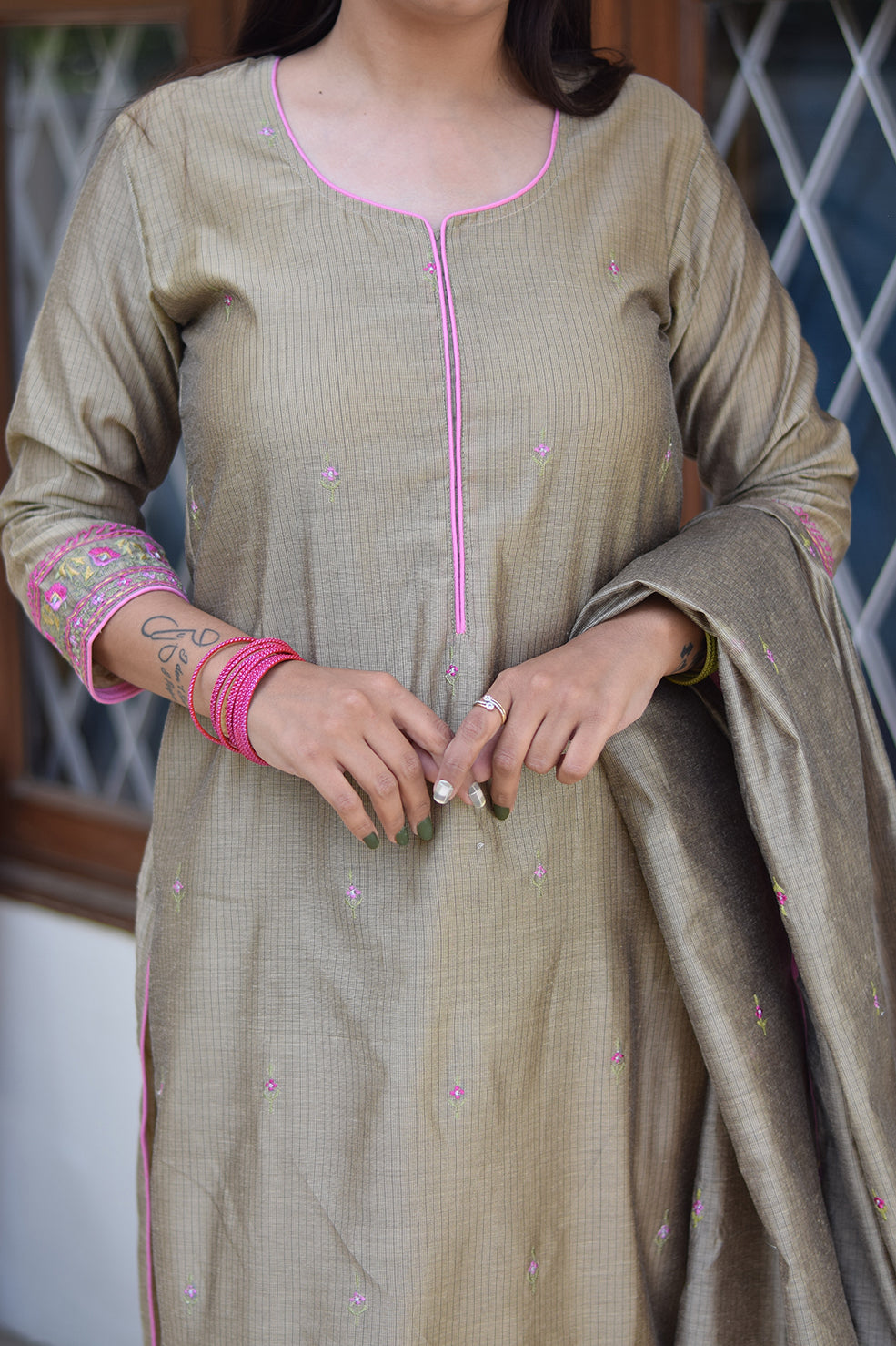 Taupe Chanderi Resham Embroidered Kurta and Dupatta with Taupe Trousers