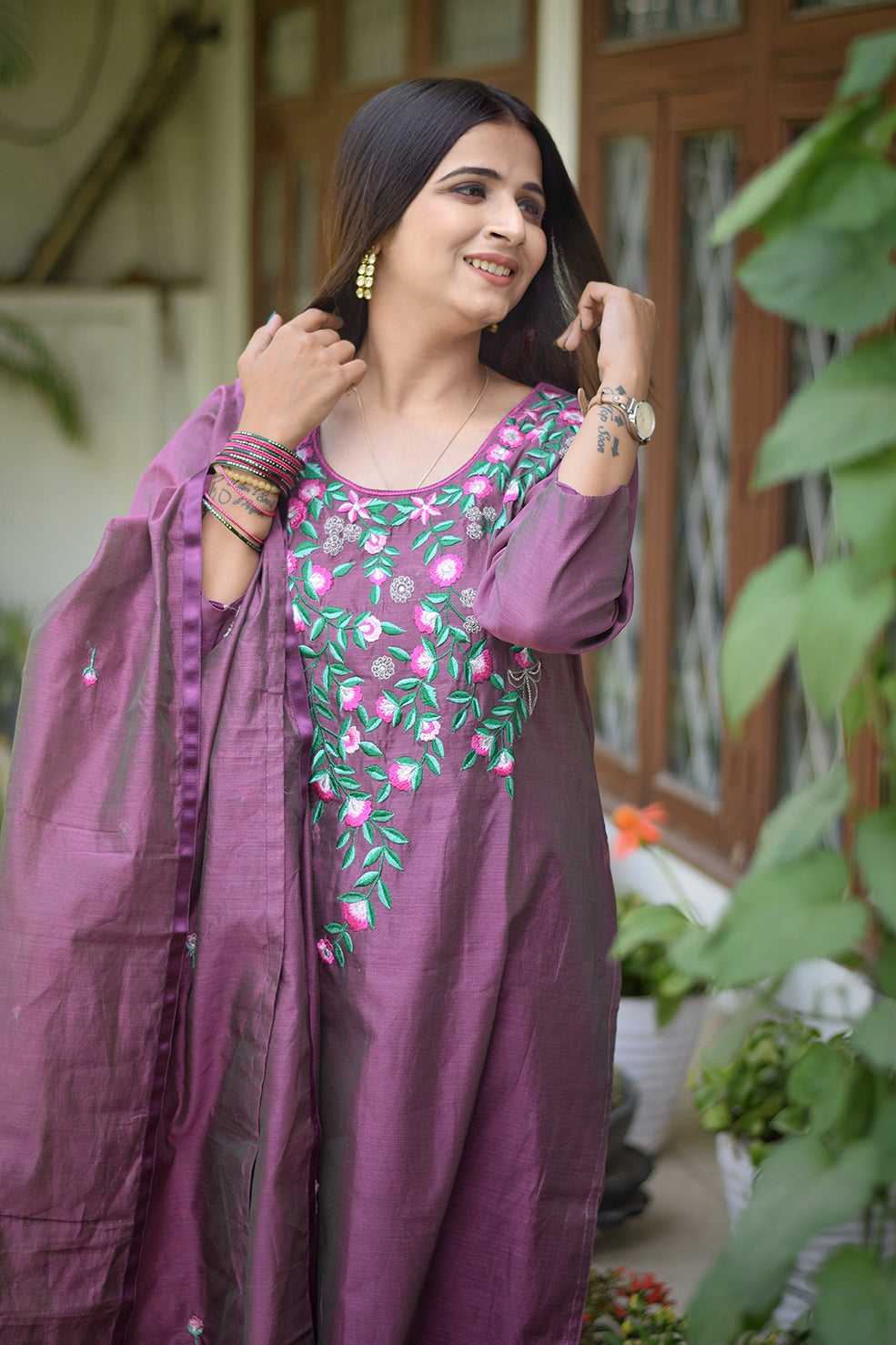 Purple Chanderi Resham Embroidered Kurta & Dupatta with Purple Trousers