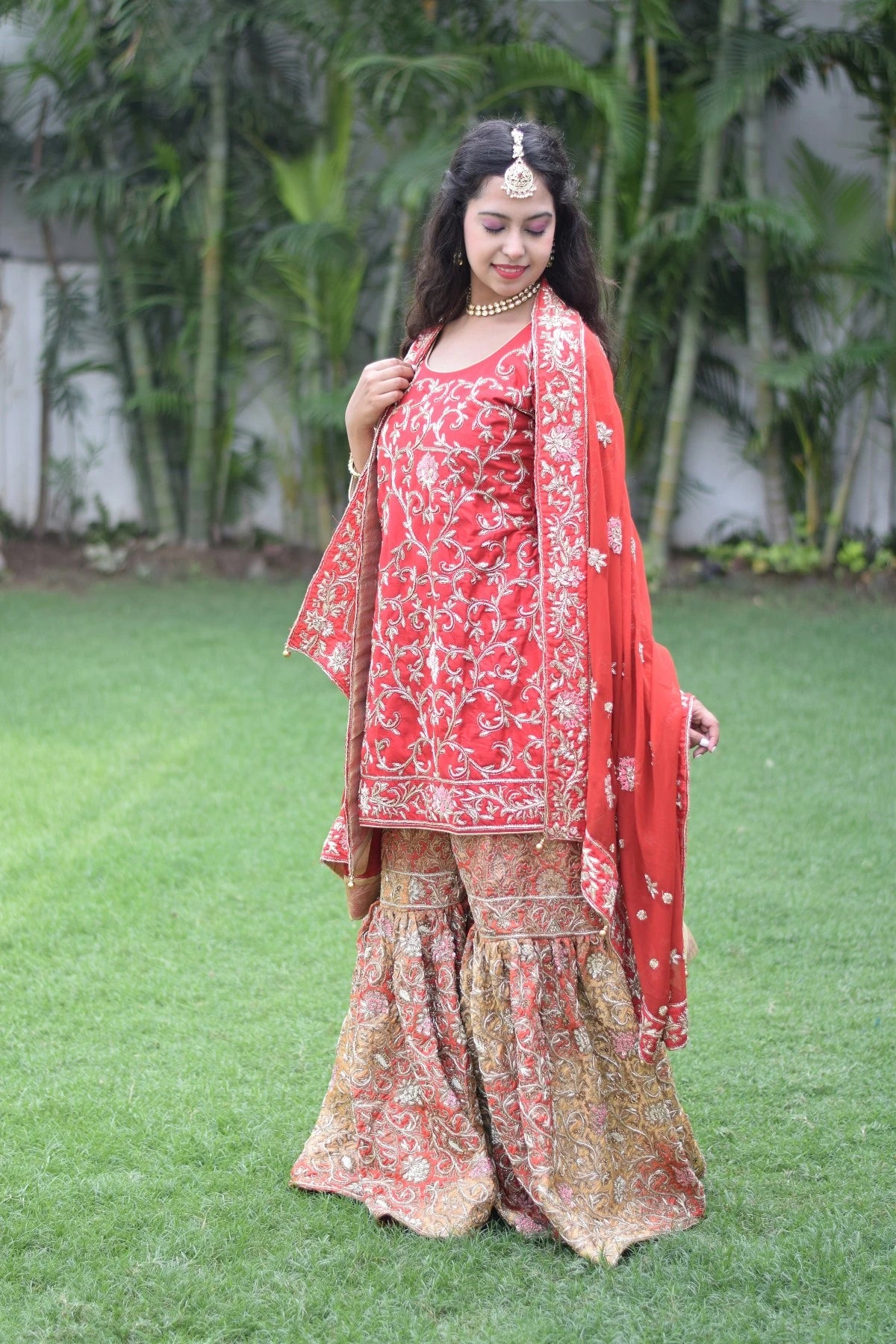 Red Silk Kamkhab Zardozi Work Wedding Gharara Set