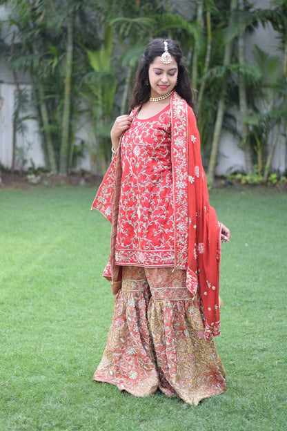 Red Silk Kamkhab Zardozi Work Wedding Gharara Set