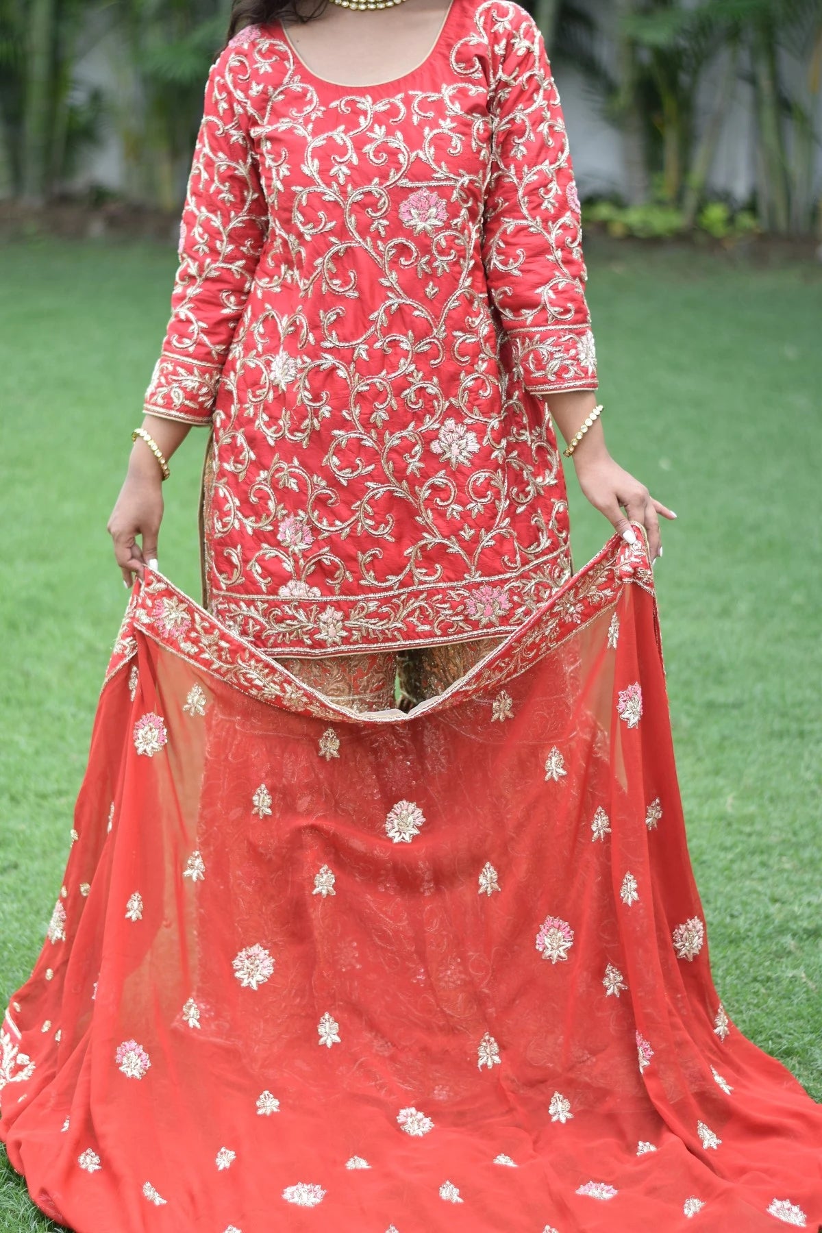 Red Silk Kamkhab Zardozi Work Wedding Gharara Set