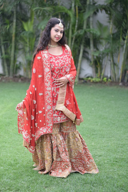 Red Silk Kamkhab Zardozi Work Wedding Gharara Set