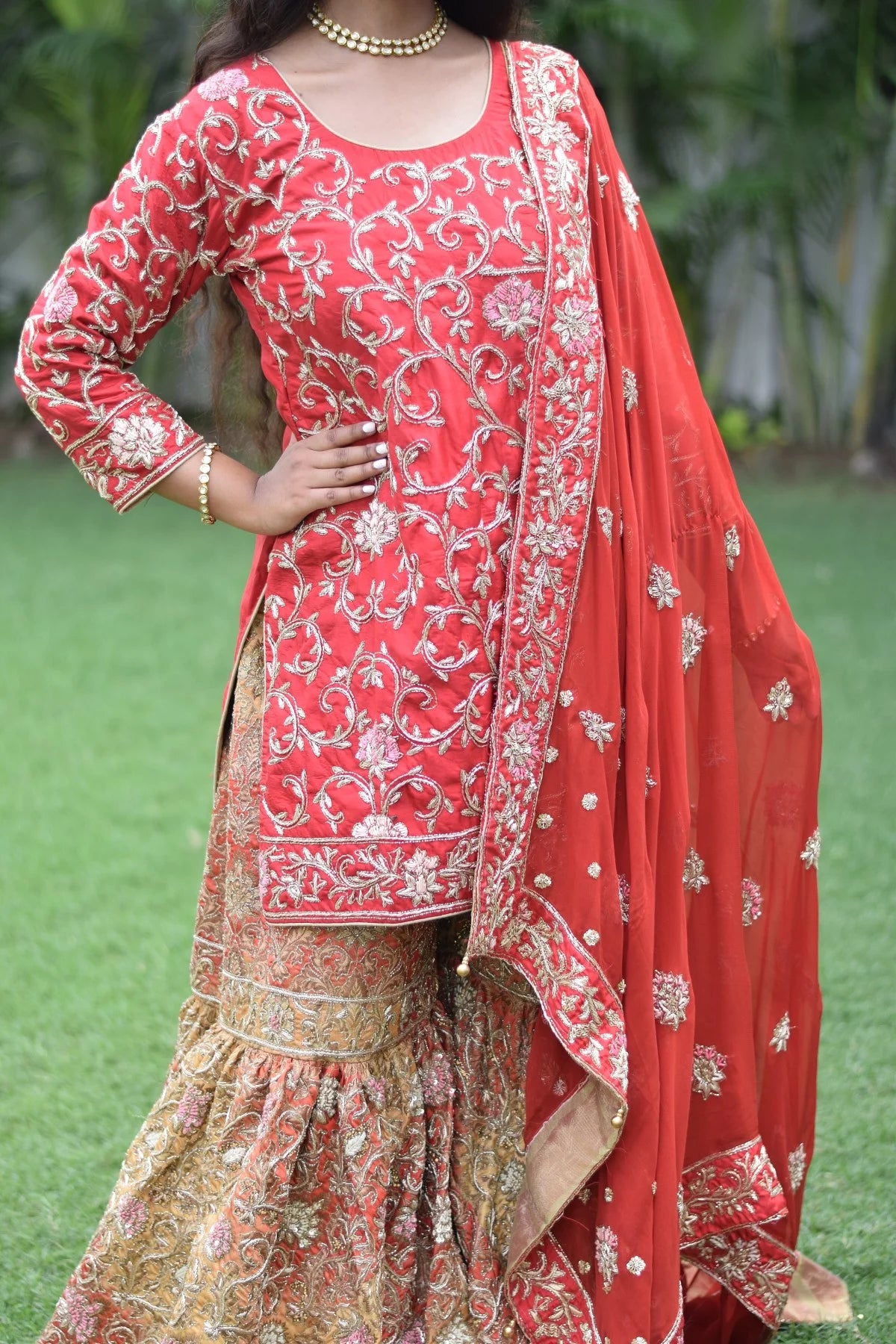 Red Silk Kamkhab Zardozi Work Wedding Gharara Set