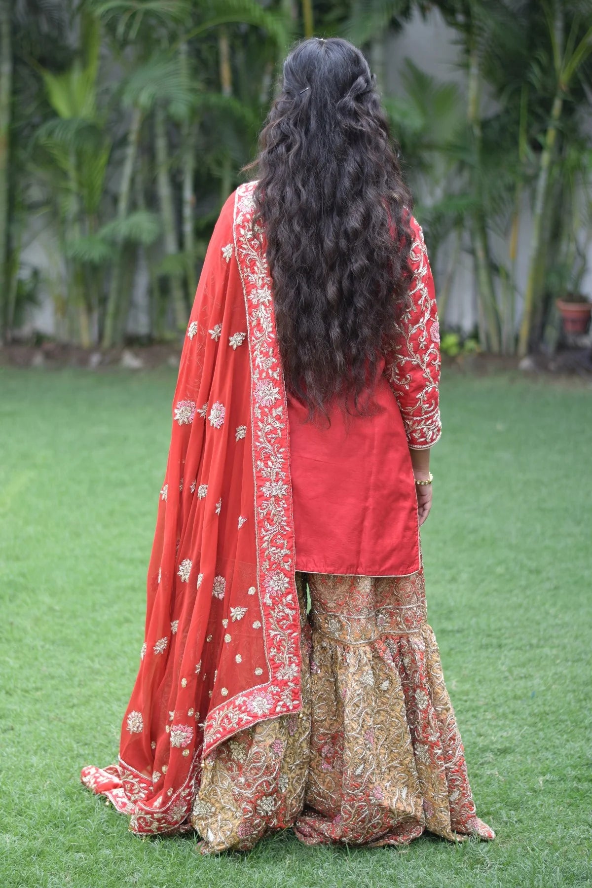 Red Silk Kamkhab Zardozi Work Wedding Gharara Set