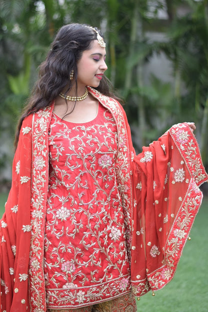 Red Silk Kamkhab Zardozi Work Wedding Gharara Set