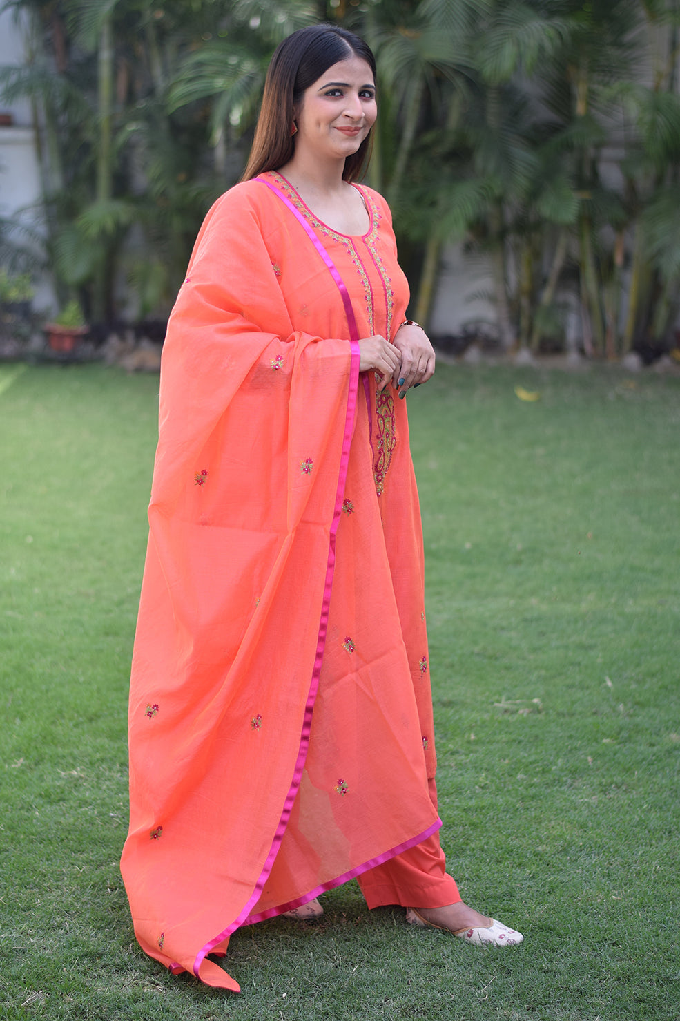Indian women wearing full embroidered kurta