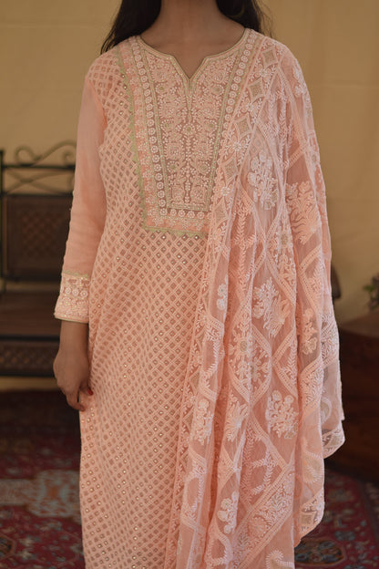 Peach Georgette Chikan Kurti and dupatta with Kikri & Kamdani and  Peach Trousers