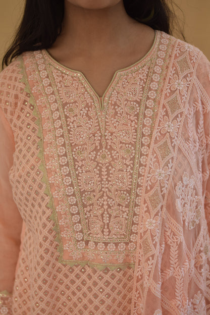 Peach Georgette Chikan Kurti and dupatta with Kikri & Kamdani and  Peach Trousers