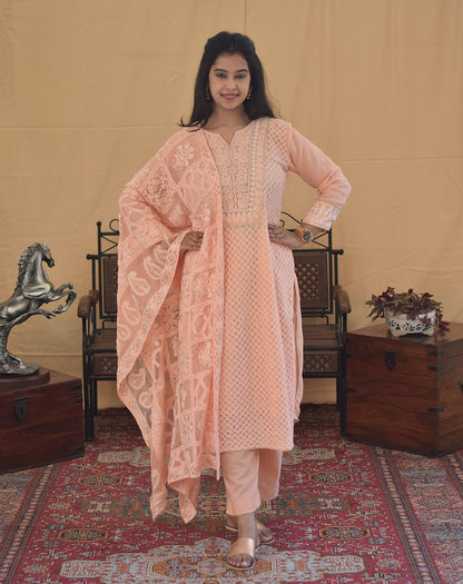 Peach Georgette Chikan Kurti and dupatta with Kikri & Kamdani and  Peach Trousers