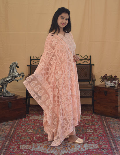 Peach Georgette Chikan Kurti and dupatta with Kikri & Kamdani and  Peach Trousers