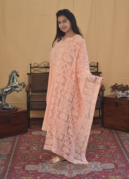 Peach Georgette Chikan Kurti and dupatta with Kikri & Kamdani and  Peach Trousers