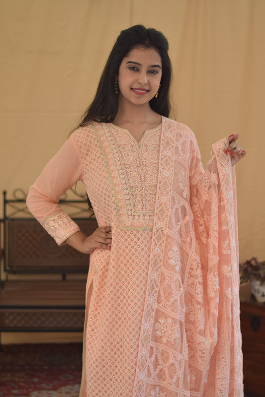 Peach Georgette Chikan Kurti and dupatta with Kikri & Kamdani and  Peach Trousers