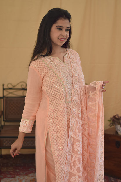 Peach Georgette Chikan Kurti and dupatta with Kikri & Kamdani and  Peach Trousers