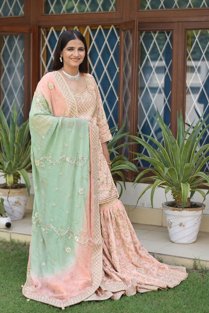 Sophisticated attire of Woman wearing Peach Crepe Silk Zardozi Jaal Work Gharara Set