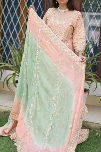 Fashionable woman flaunting Peach Crepe Silk Zardozi Jaal Work Gharara Set