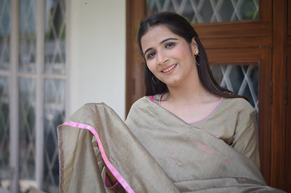 Taupe Chanderi Resham Embroidered Kurta and Dupatta with Taupe Trousers