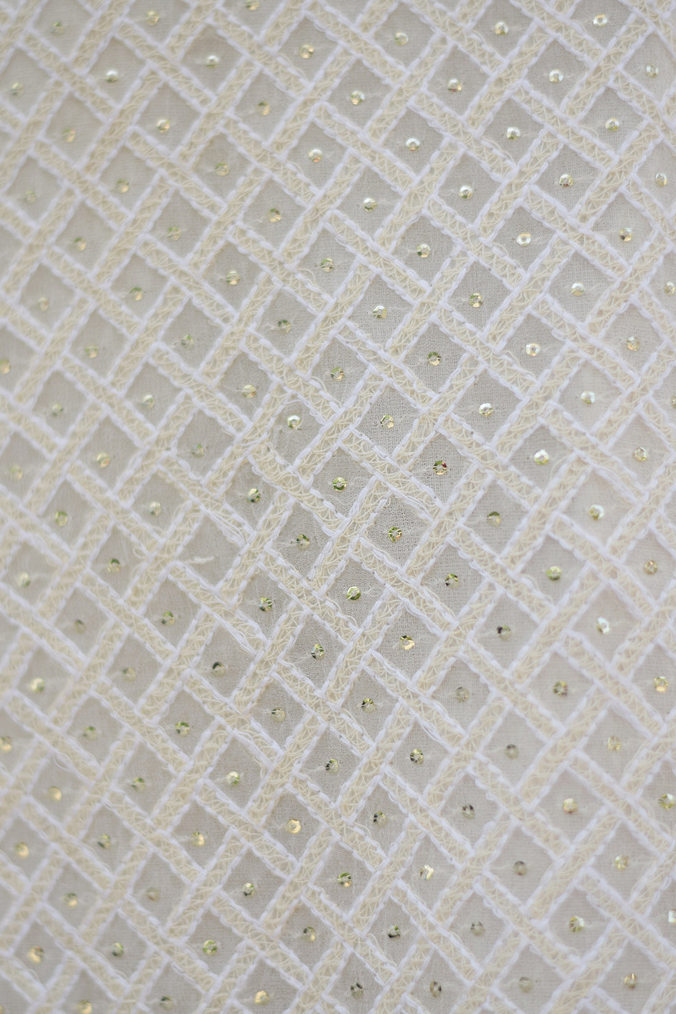 A close-up of a white georgette dupatta with intricate chikankari embroidery featuring kikri and kamdani details.