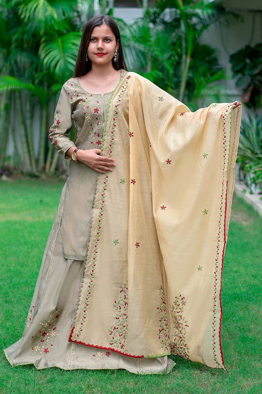 Taupe Applique Work Chanderi Lehenga Set