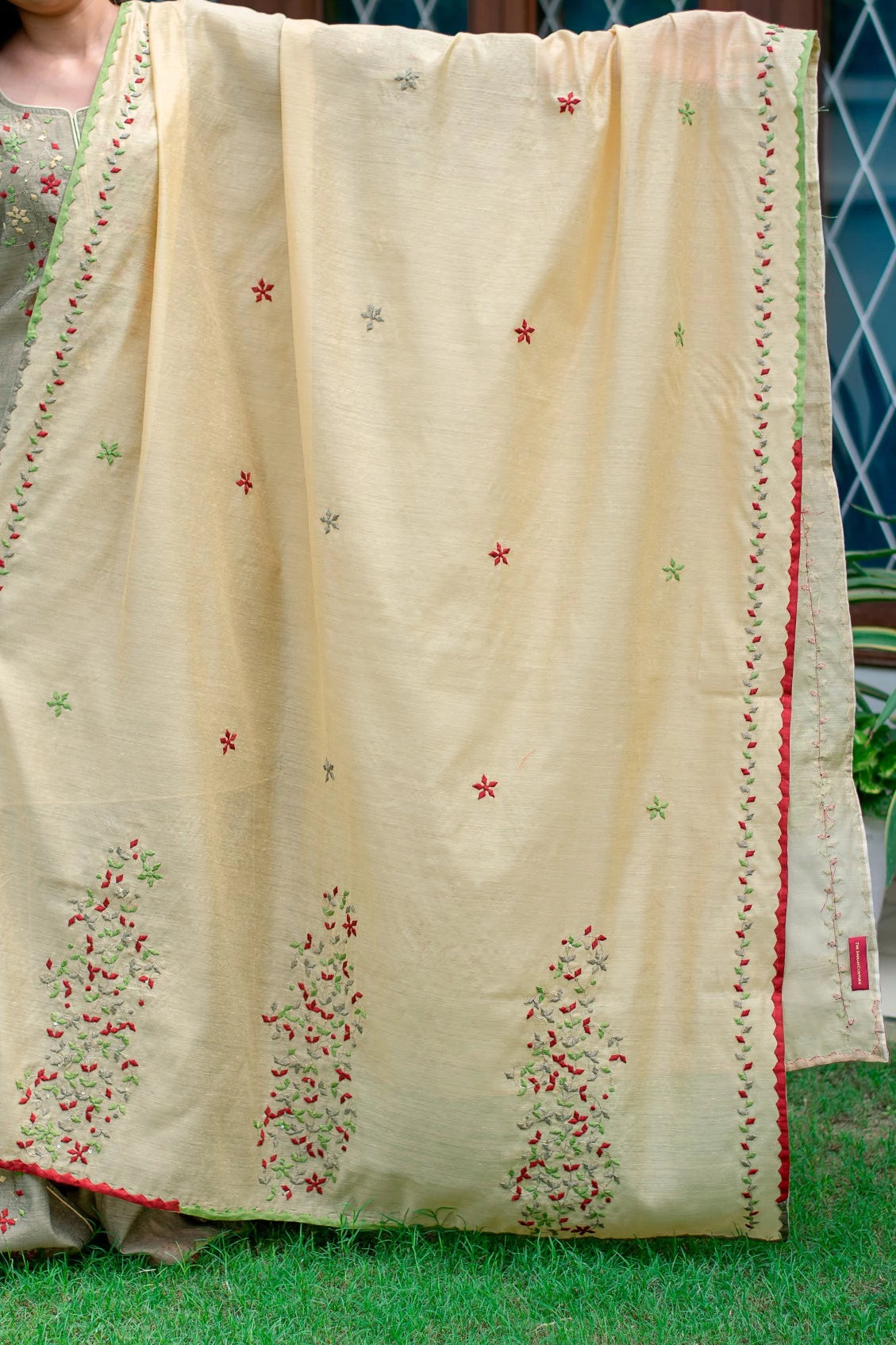 Taupe Applique Work Chanderi Lehenga Set